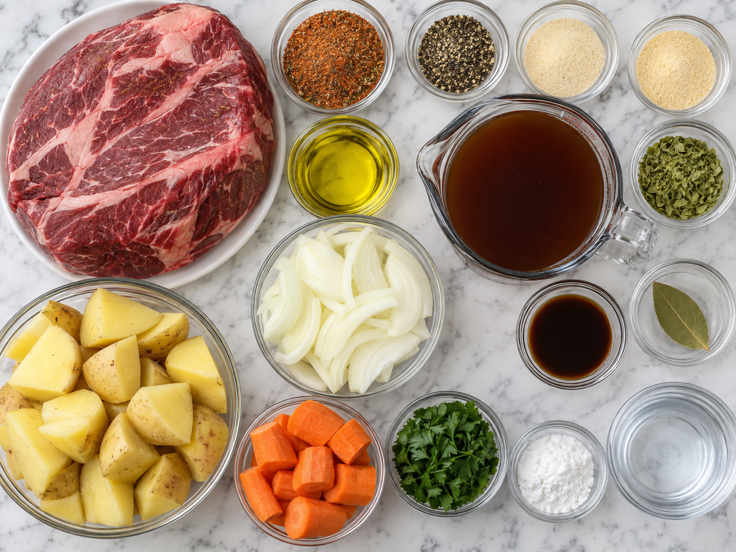 Raw chuck roast, potatoes, carrots, spices, and broth for beef roast pot