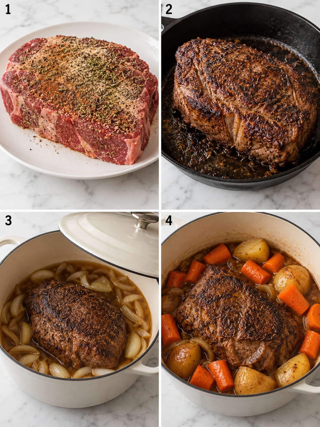 Four cooking steps for Creole beef roast pot with potatoes and carrots