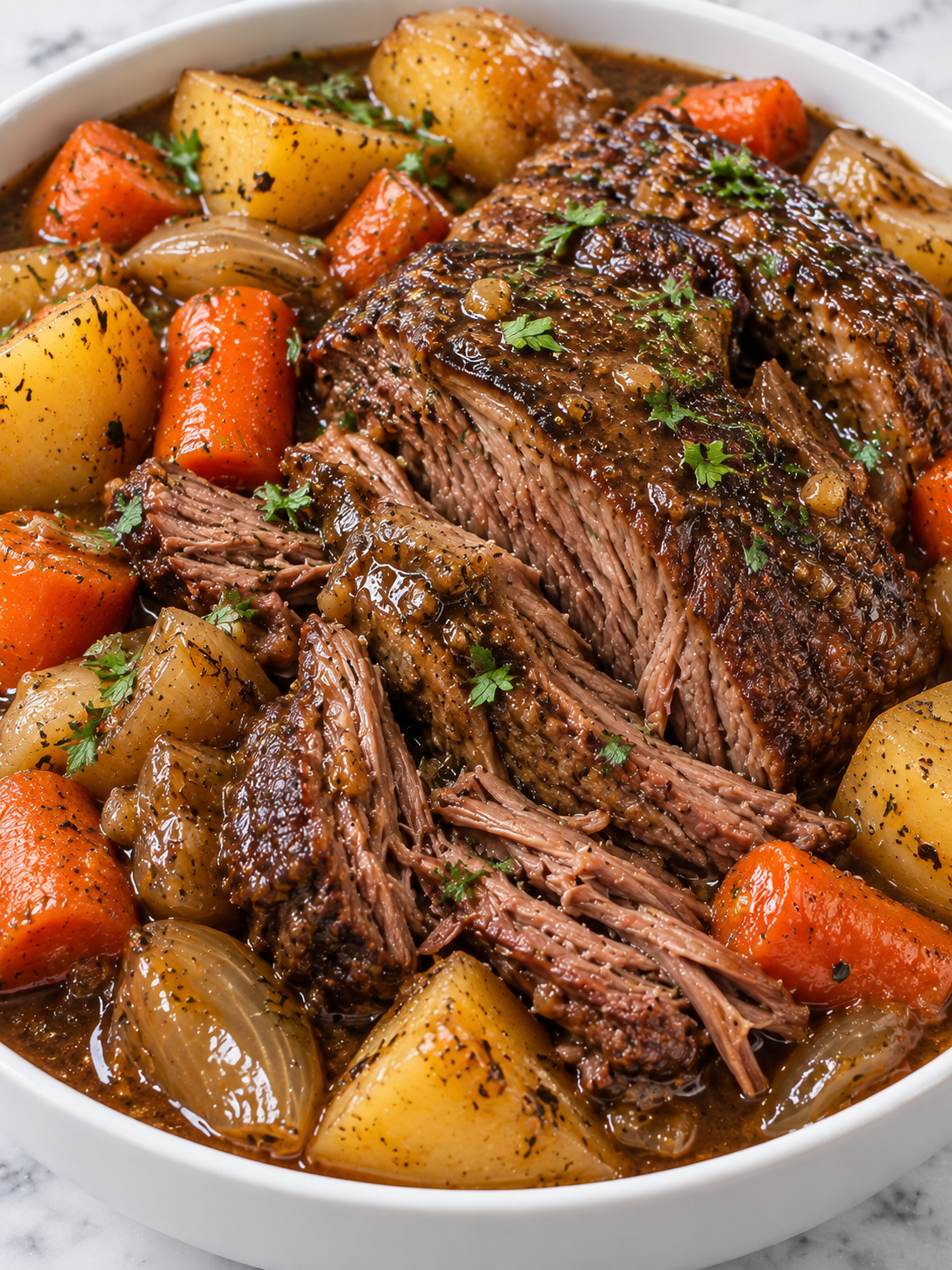 Tender Creole beef roast pot with glossy pan juices, potatoes, and carrots