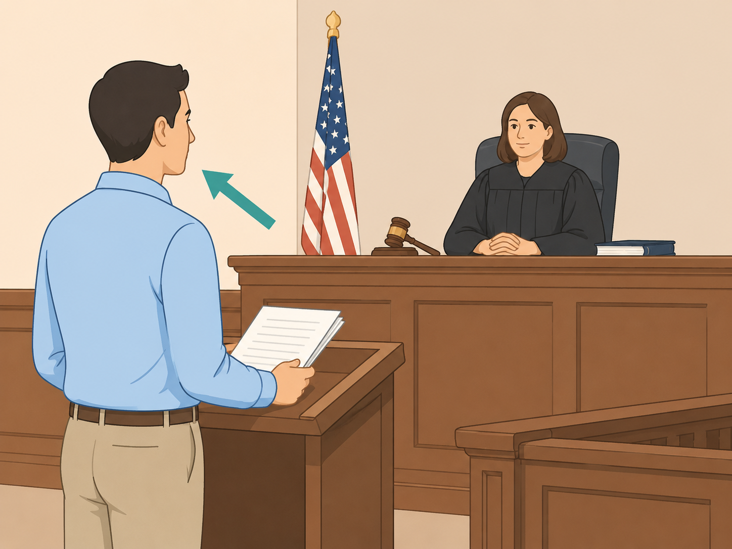 Illustration of a person standing calmly and respectfully at a courtroom podium.