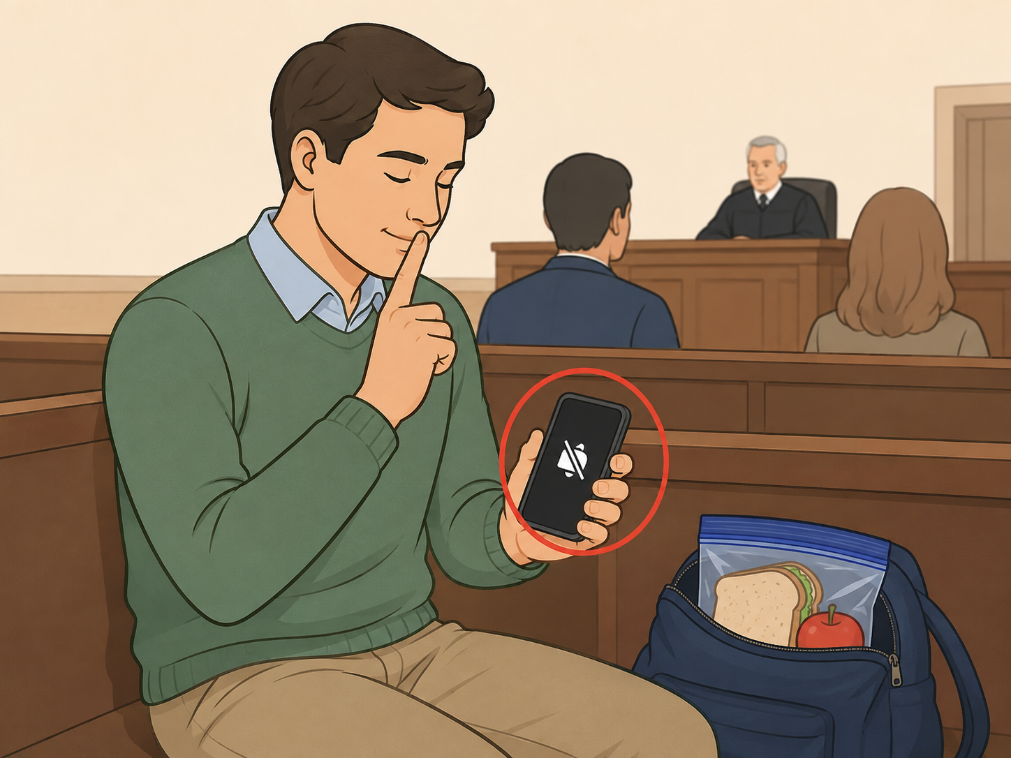 Person silencing a phone and sitting quietly in court.