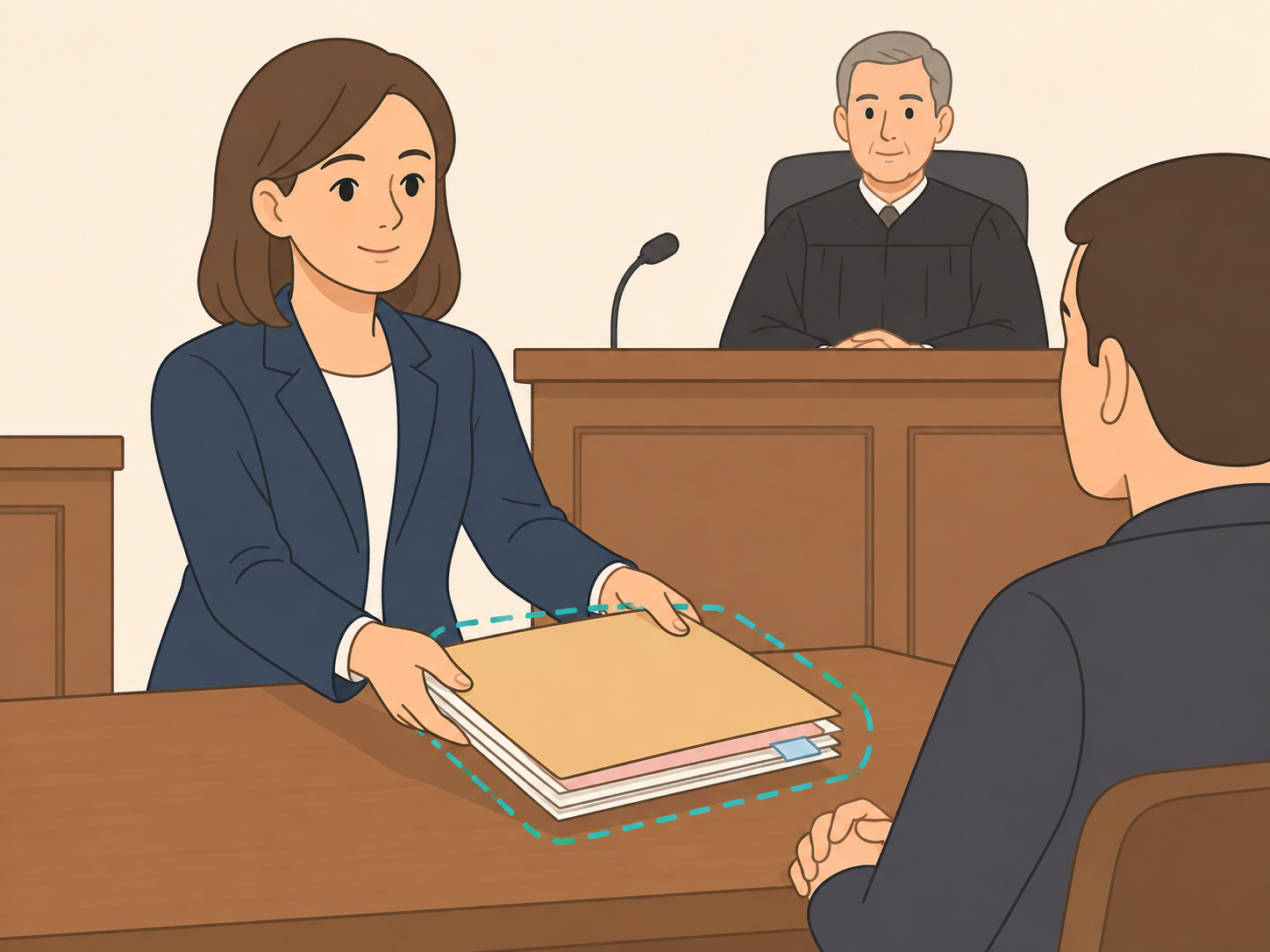 Person presenting organized papers calmly in court.