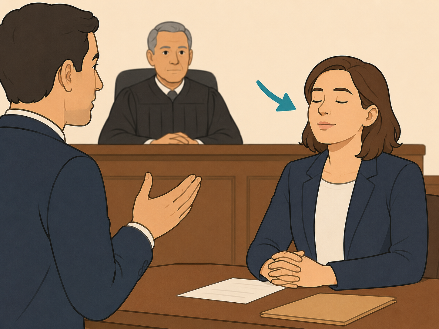 Person staying calm while listening to someone else speak in court.