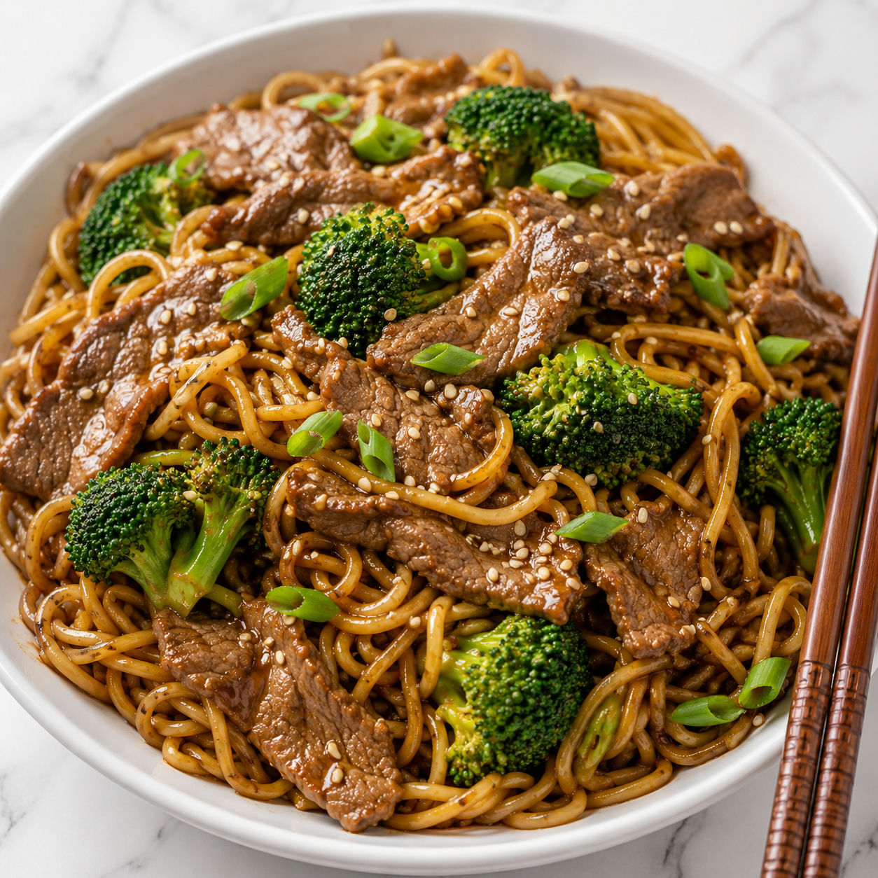 Beef broccoli noodles with green onions and sesame seeds in a white bowl