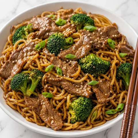 Beef broccoli noodles with green onions and sesame seeds in a white bowl