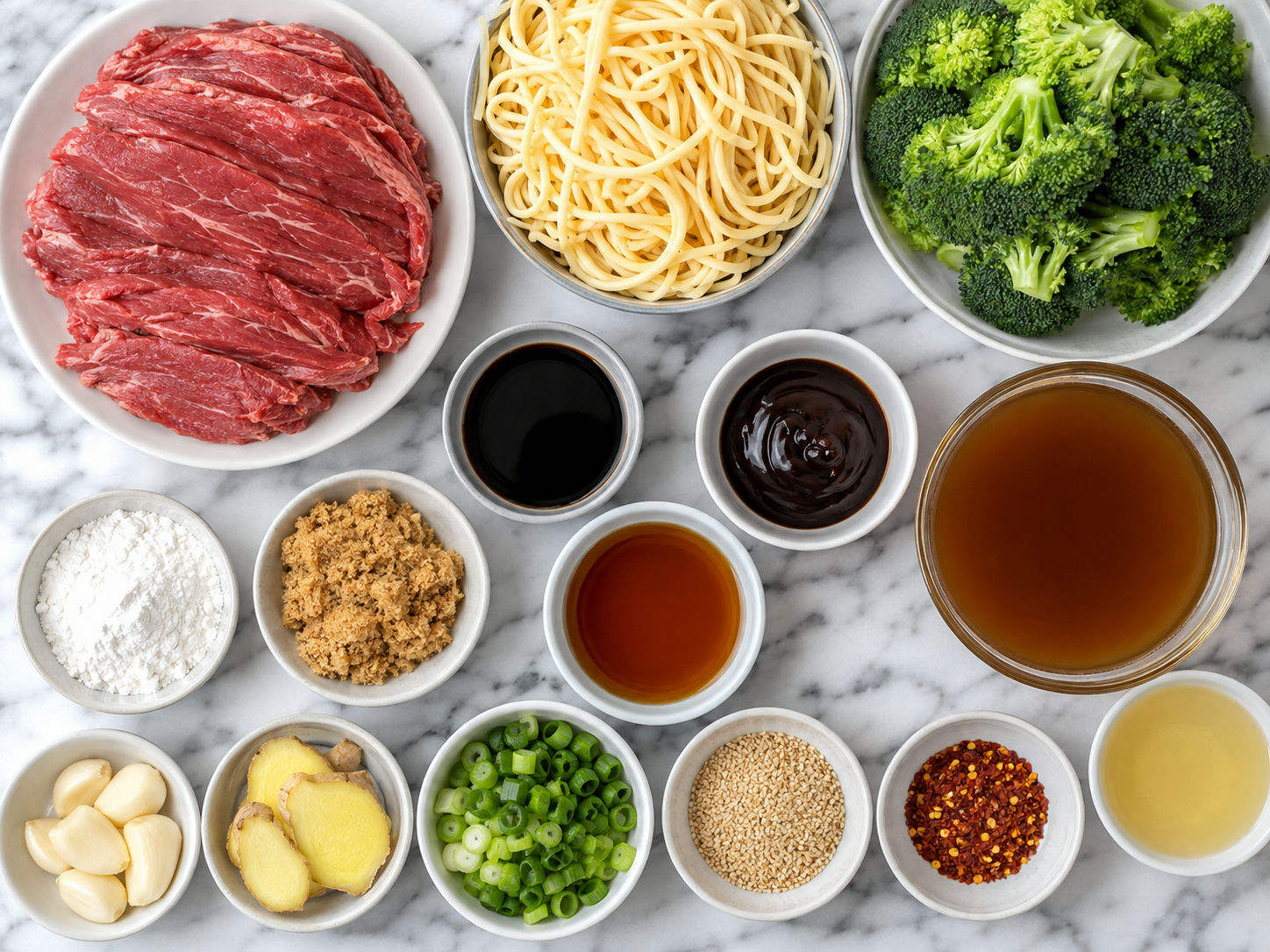 Ingredients for beef broccoli noodles with steak, broccoli, noodles, and sauces