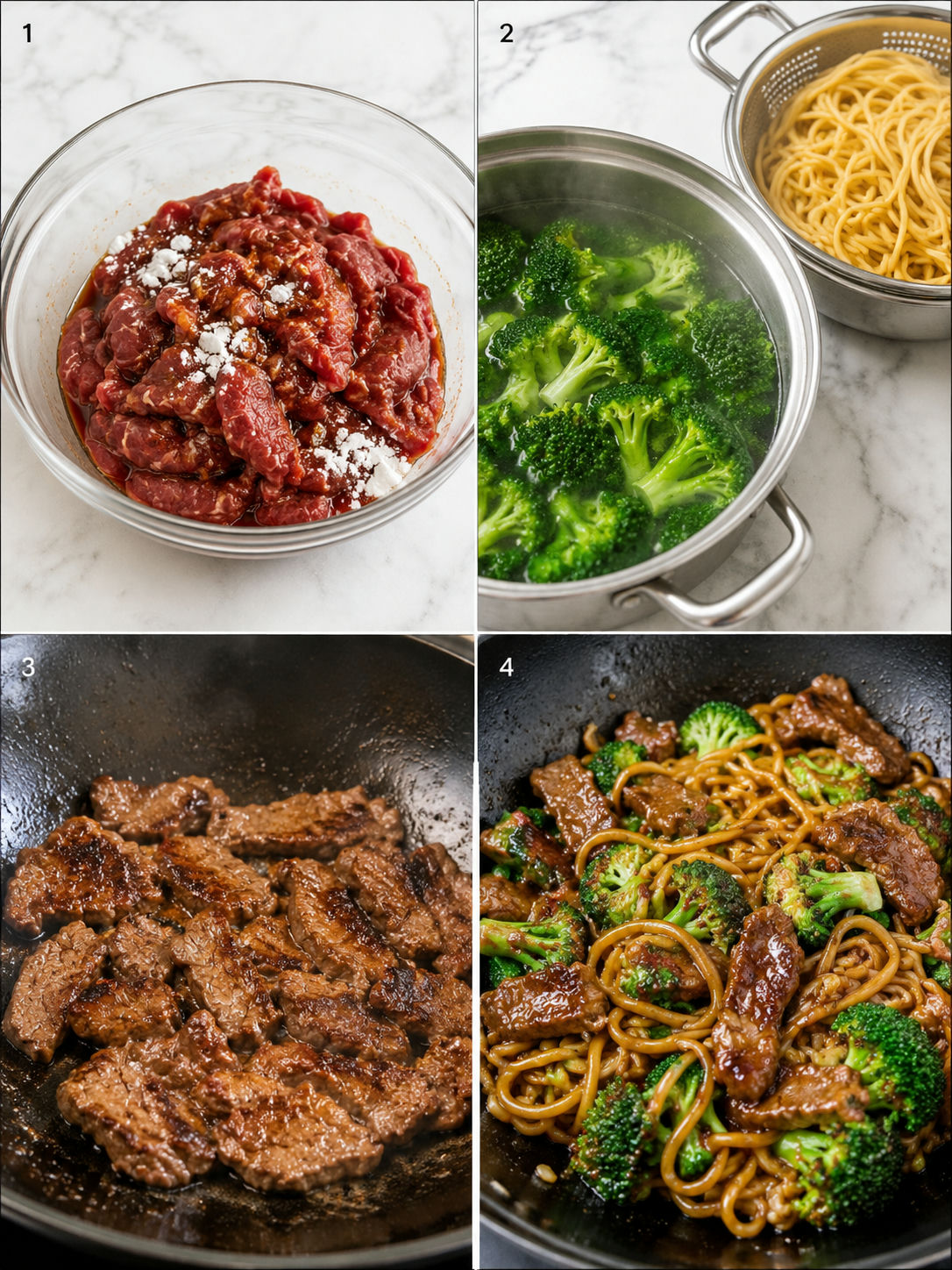 Four steps for making beef broccoli noodles from marinating to tossing