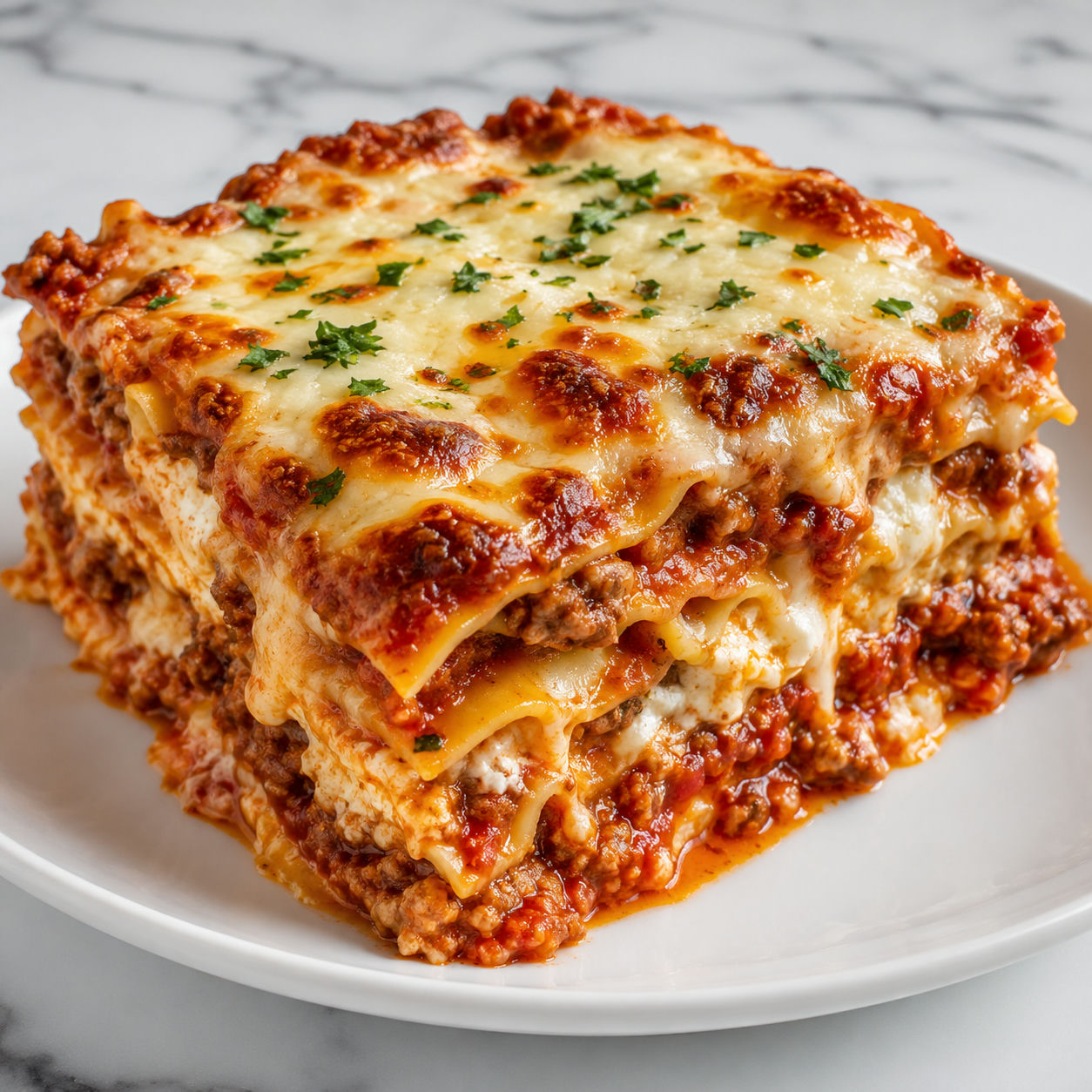 Classic homemade lasagna slice with meat sauce, ricotta, mozzarella, and parsley