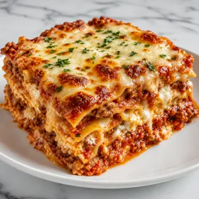 Classic homemade lasagna slice with meat sauce, ricotta, mozzarella, and parsley