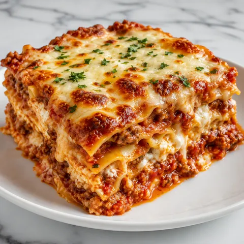 Classic homemade lasagna slice with meat sauce, ricotta, mozzarella, and parsley