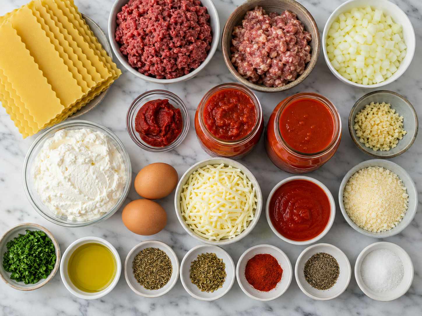 Ingredients for classic homemade lasagna with noodles, meat, tomato sauce, and cheeses