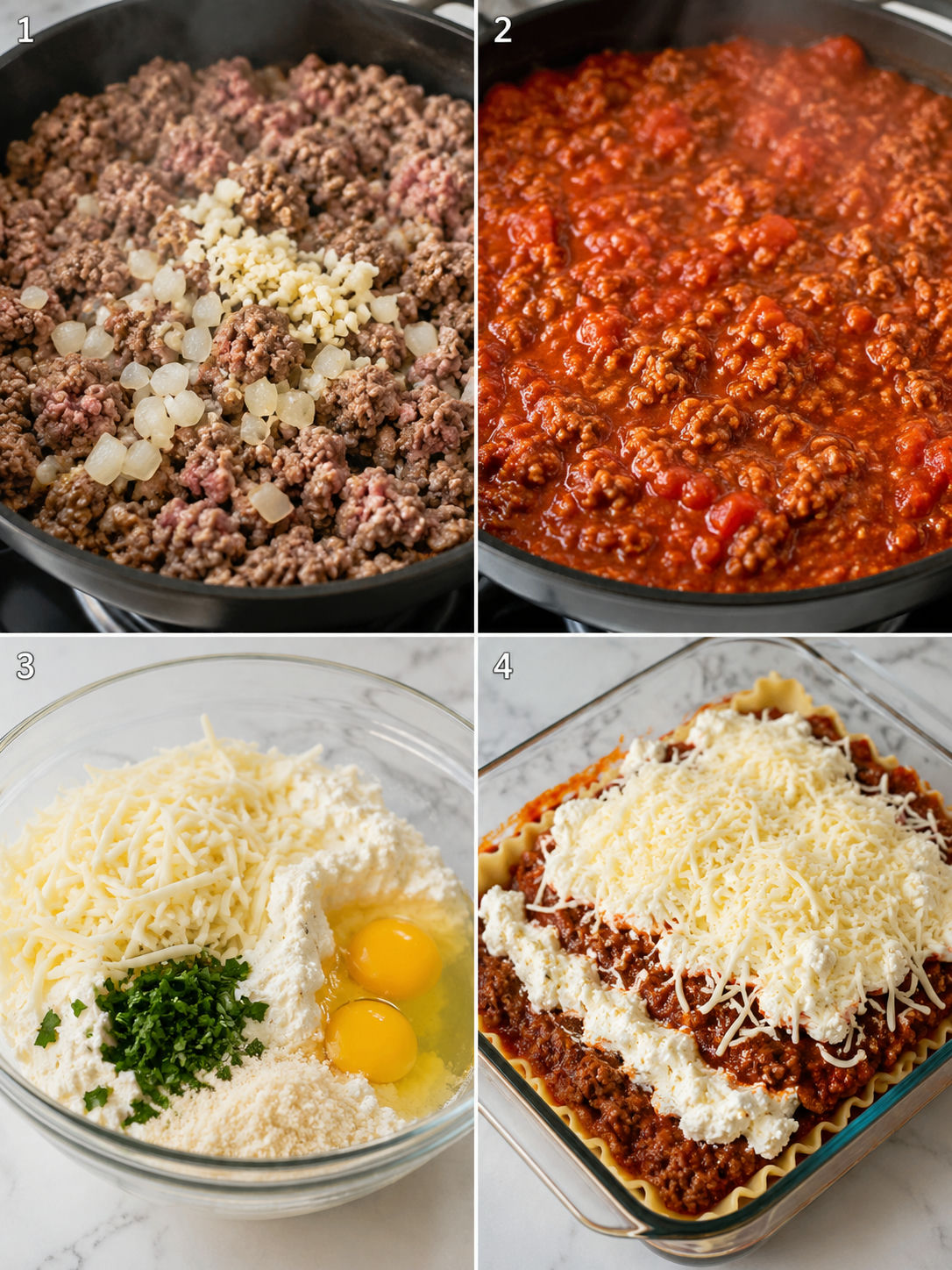 Four steps for making classic homemade lasagna from sauce to layering