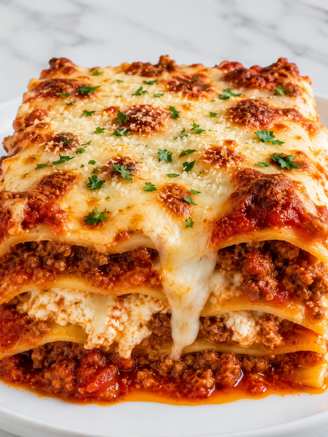 Tall slice of classic homemade lasagna with browned cheese and parsley