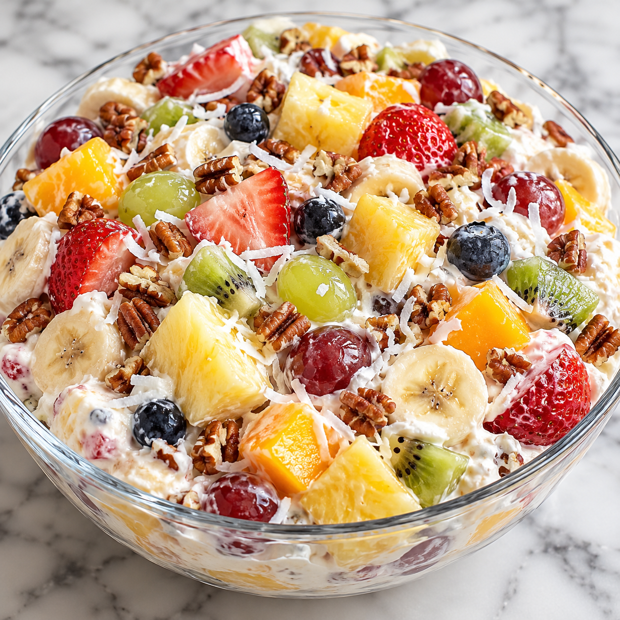 Creamy fruit salad with strawberries, pineapple, kiwi, grapes, coconut, and pecans