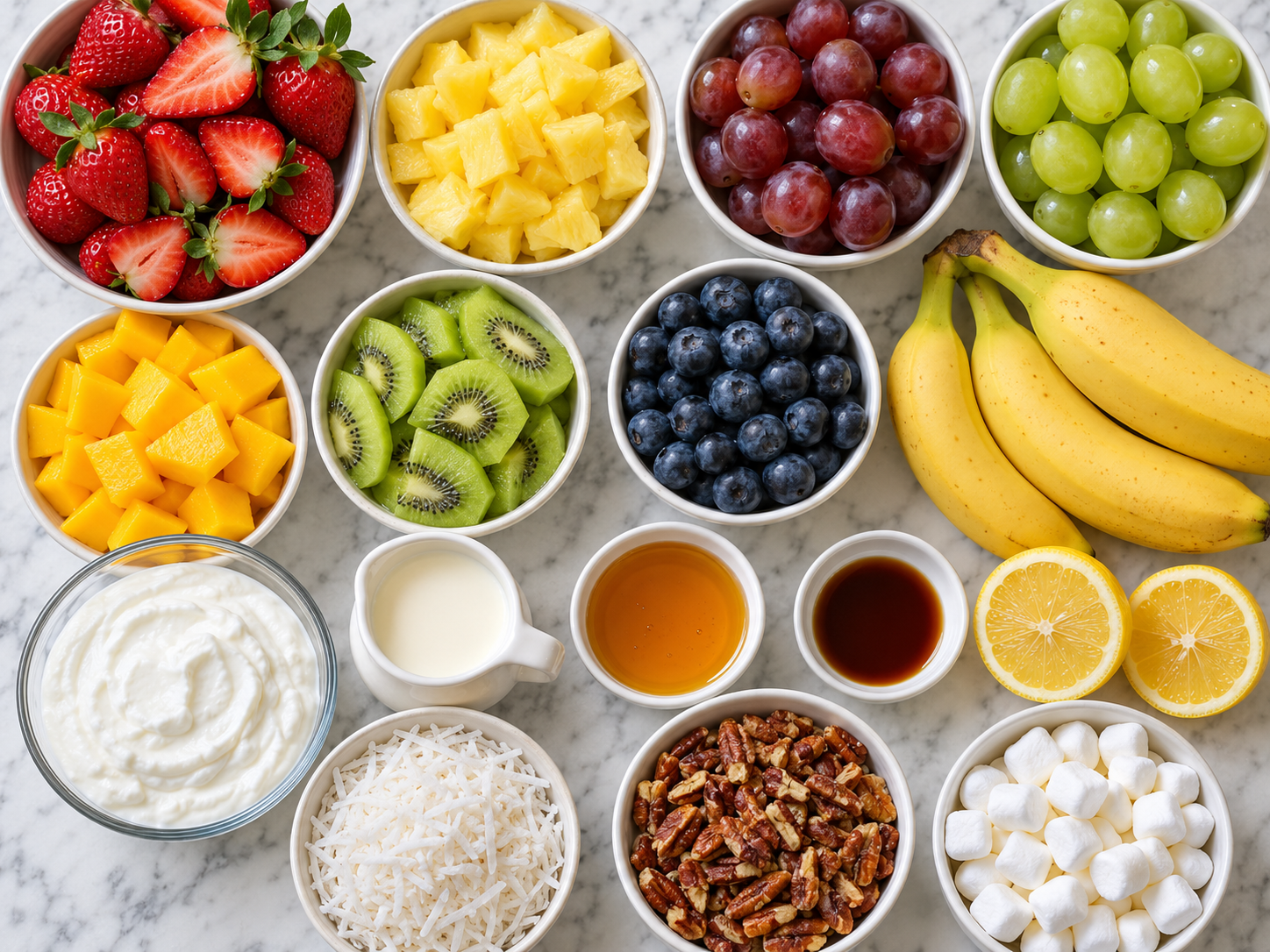 Fresh fruit, yogurt, honey, coconut, pecans, and marshmallows for fruit salad