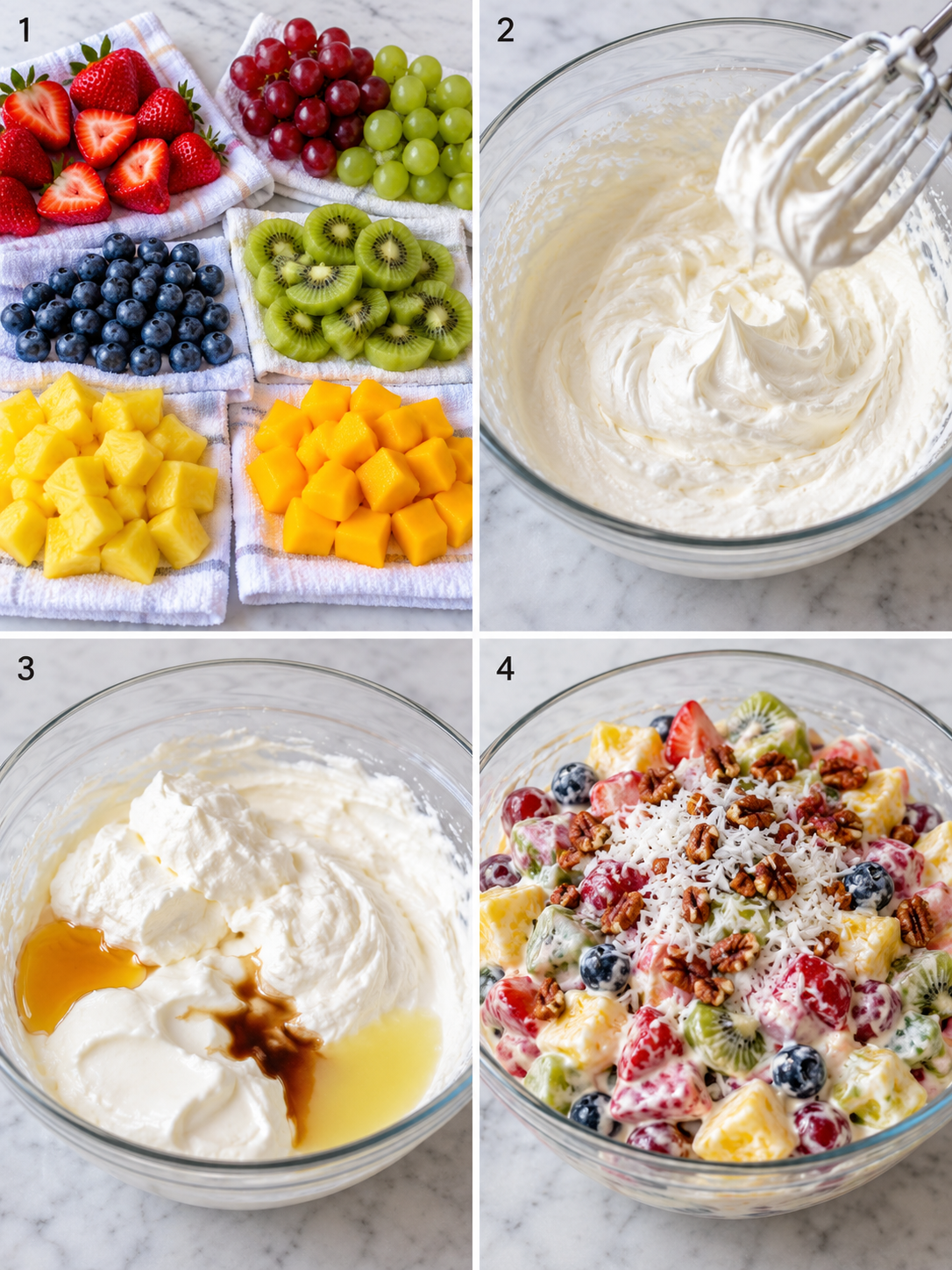 Four steps for making creamy fruit salad with fresh fruit and vanilla dressing