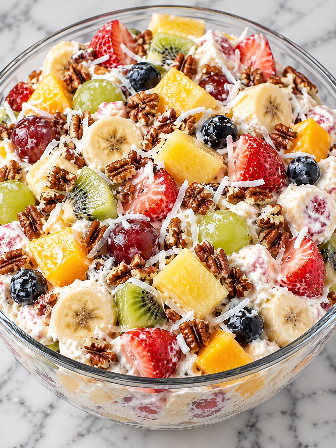 Creamy Better Than Sex Fruit Salad with colorful fruit, coconut, and pecans