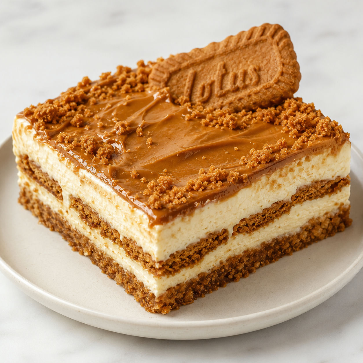 Biscoff cheesecake lasagna slice with cookie butter and crumb topping