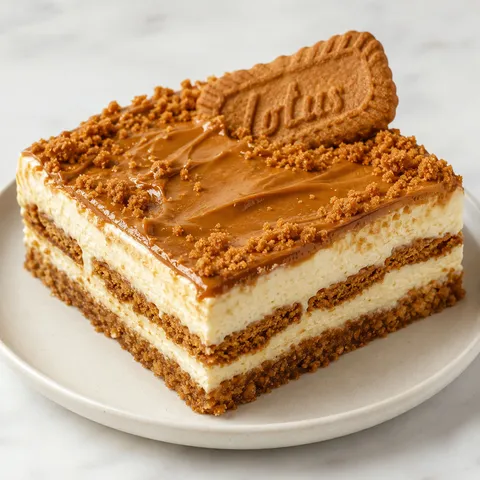 Biscoff cheesecake lasagna slice with cookie butter and crumb topping