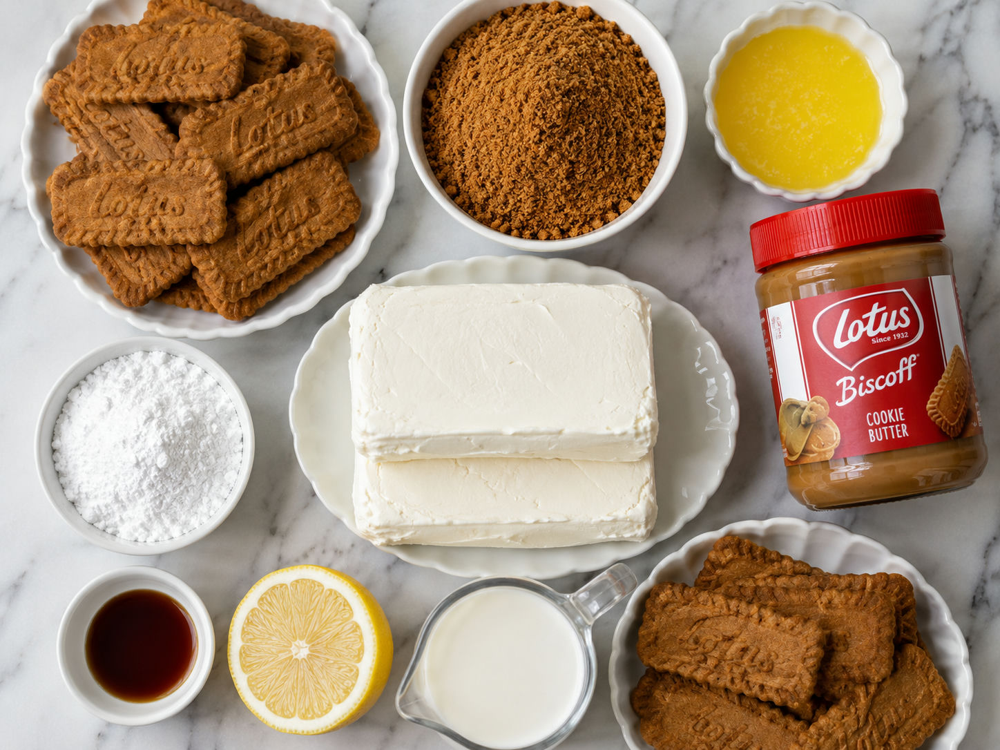Ingredients for Biscoff cheesecake lasagna on a light wooden surface