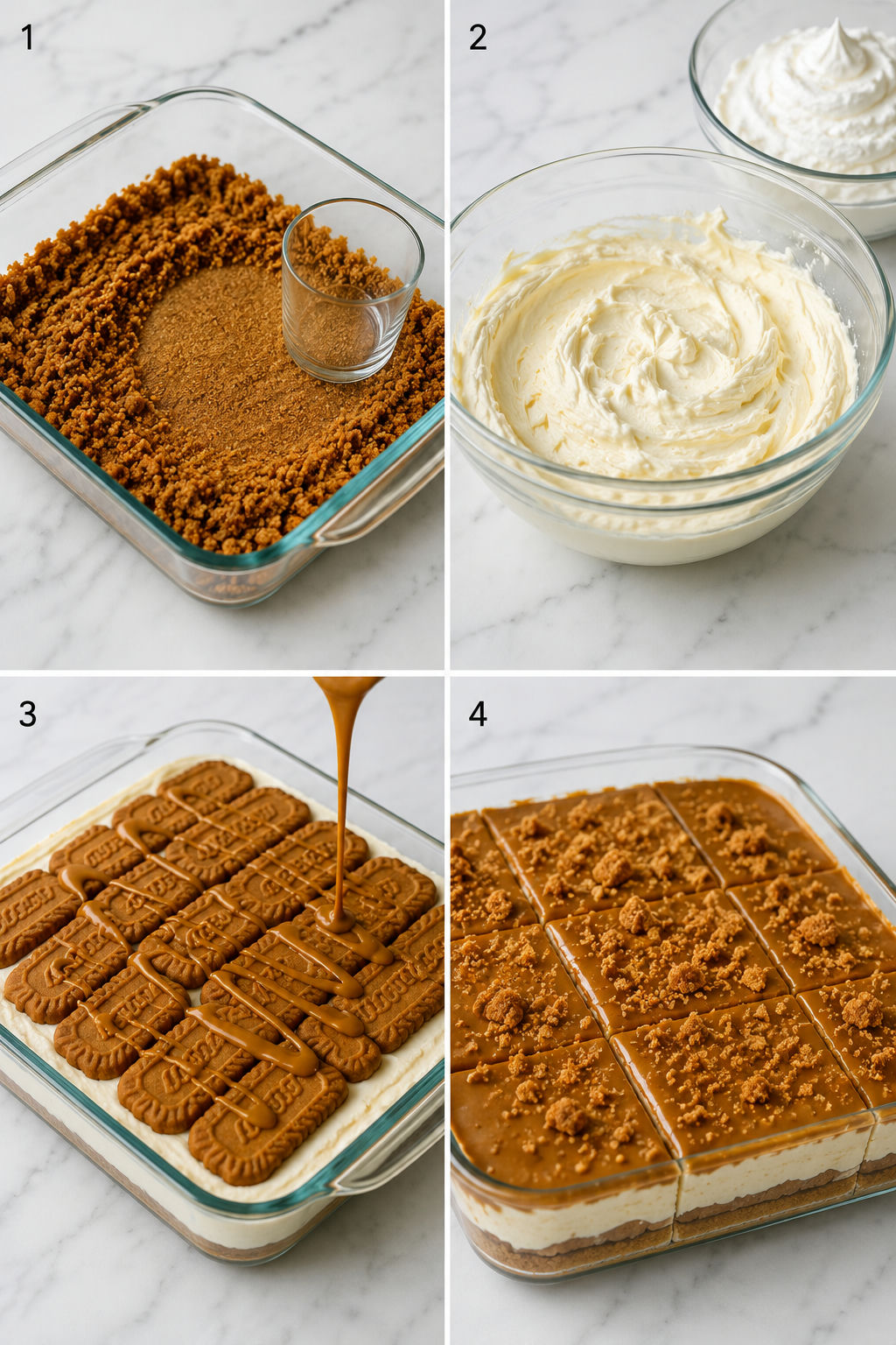 Four steps for making Biscoff cheesecake lasagna in a square dish
