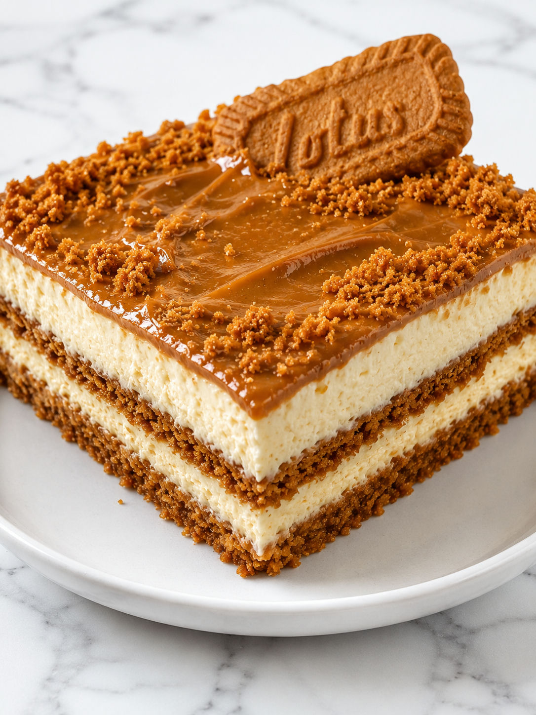 Biscoff cheesecake lasagna slice with creamy layers and cookie crumbs