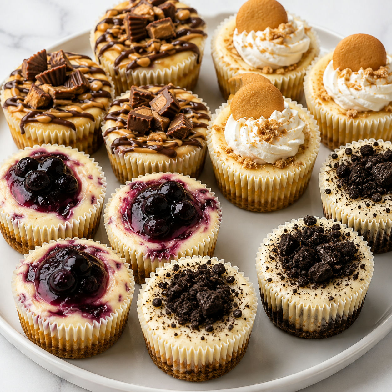 Assorted mini cheesecake bites with blueberry, peanut butter, banana, and cookies