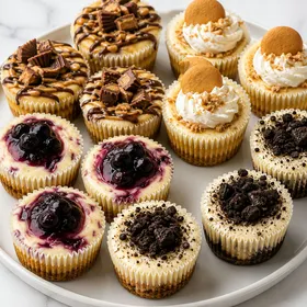 Assorted mini cheesecake bites with blueberry, peanut butter, banana, and cookies