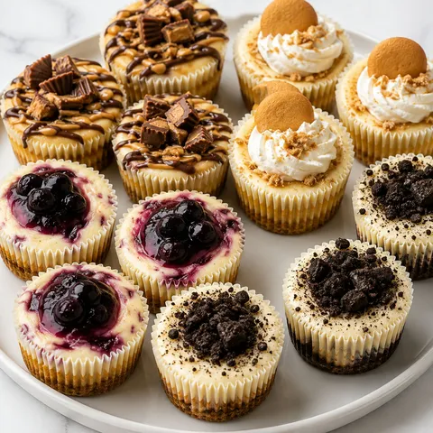 Assorted mini cheesecake bites with blueberry, peanut butter, banana, and cookies