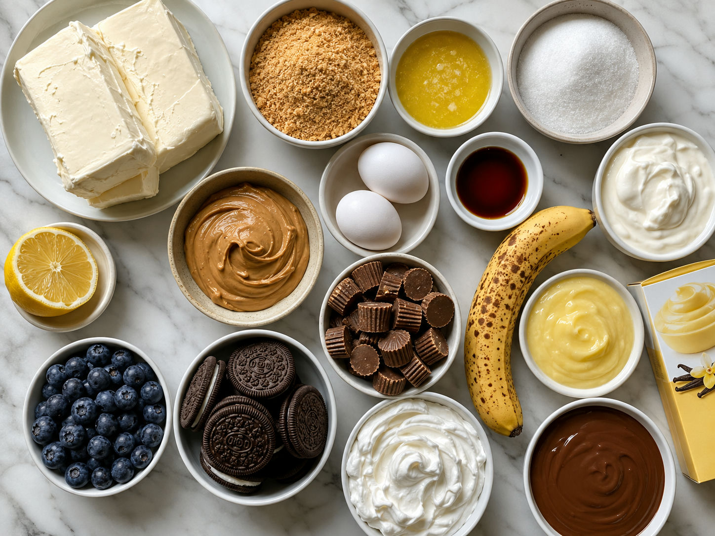 Ingredients for assorted mini cheesecake bites on a kitchen counter