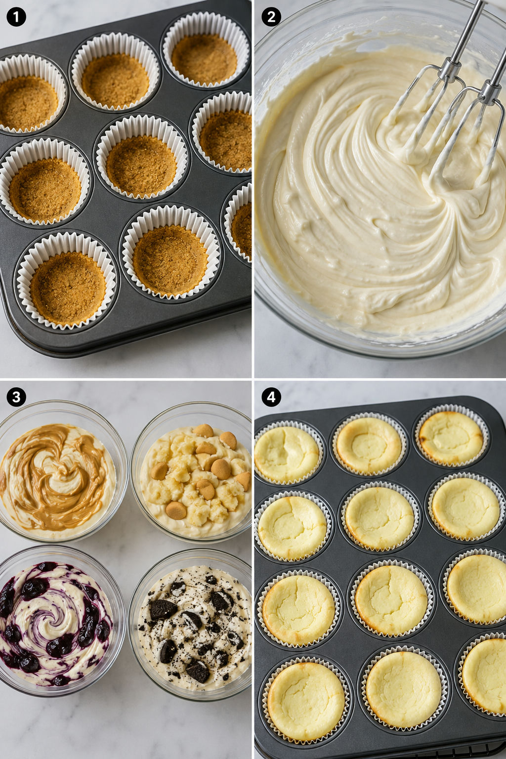 Four steps for making mini cheesecake bites in a muffin pan