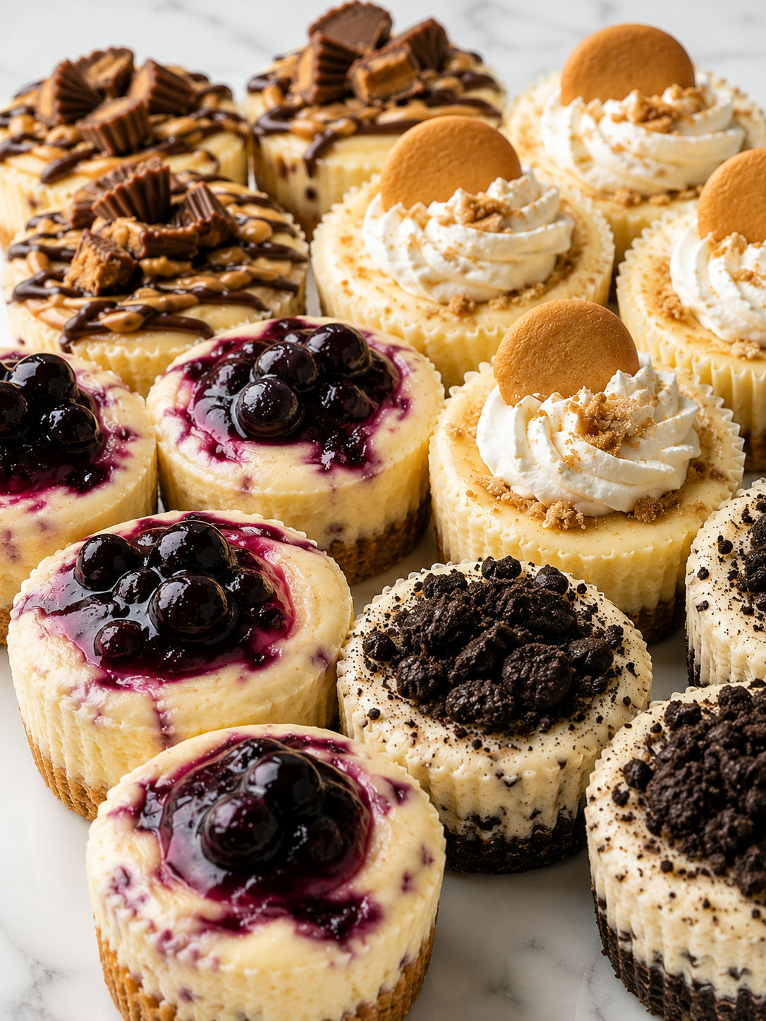 Assorted bite-sized cheesecakes packed on a platter with glossy toppings