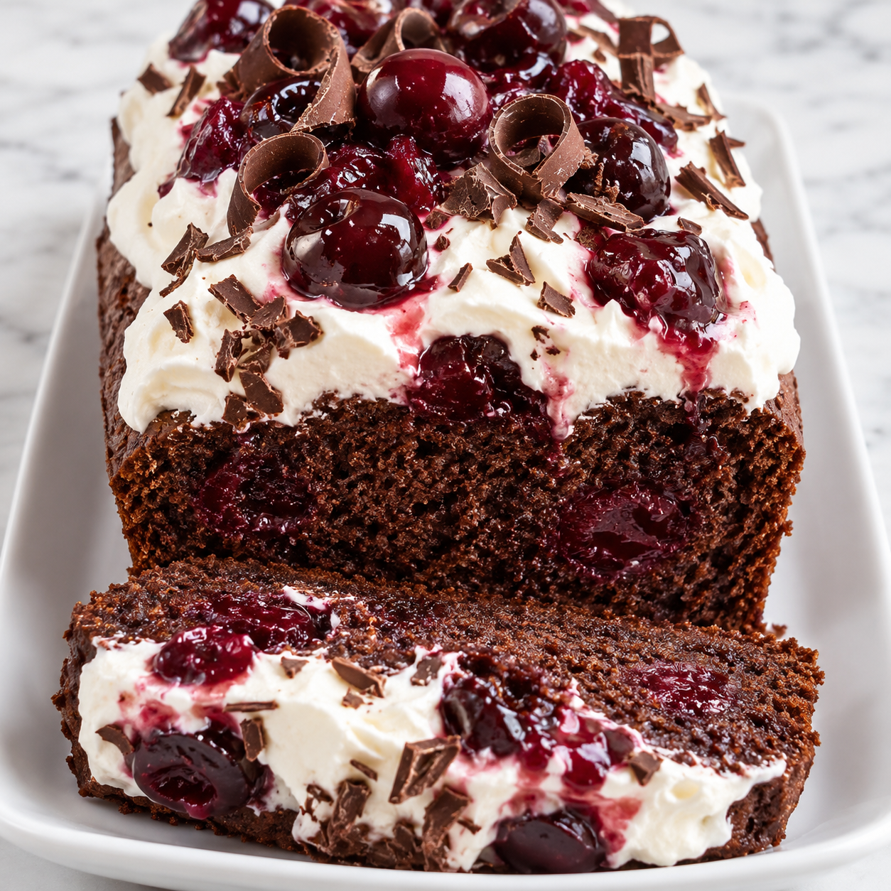 Black Forest loaf cake with whipped cream, cherries, and chocolate curls