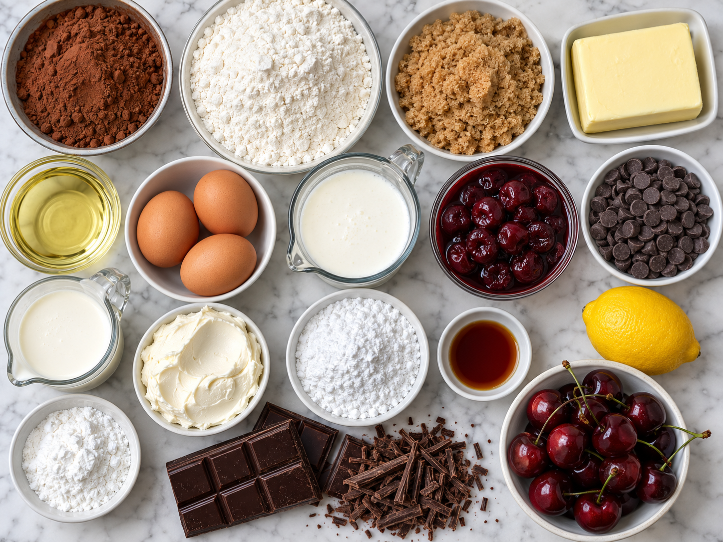 Ingredients for Black Forest loaf cake with cherries, cocoa, cream, and chocolate