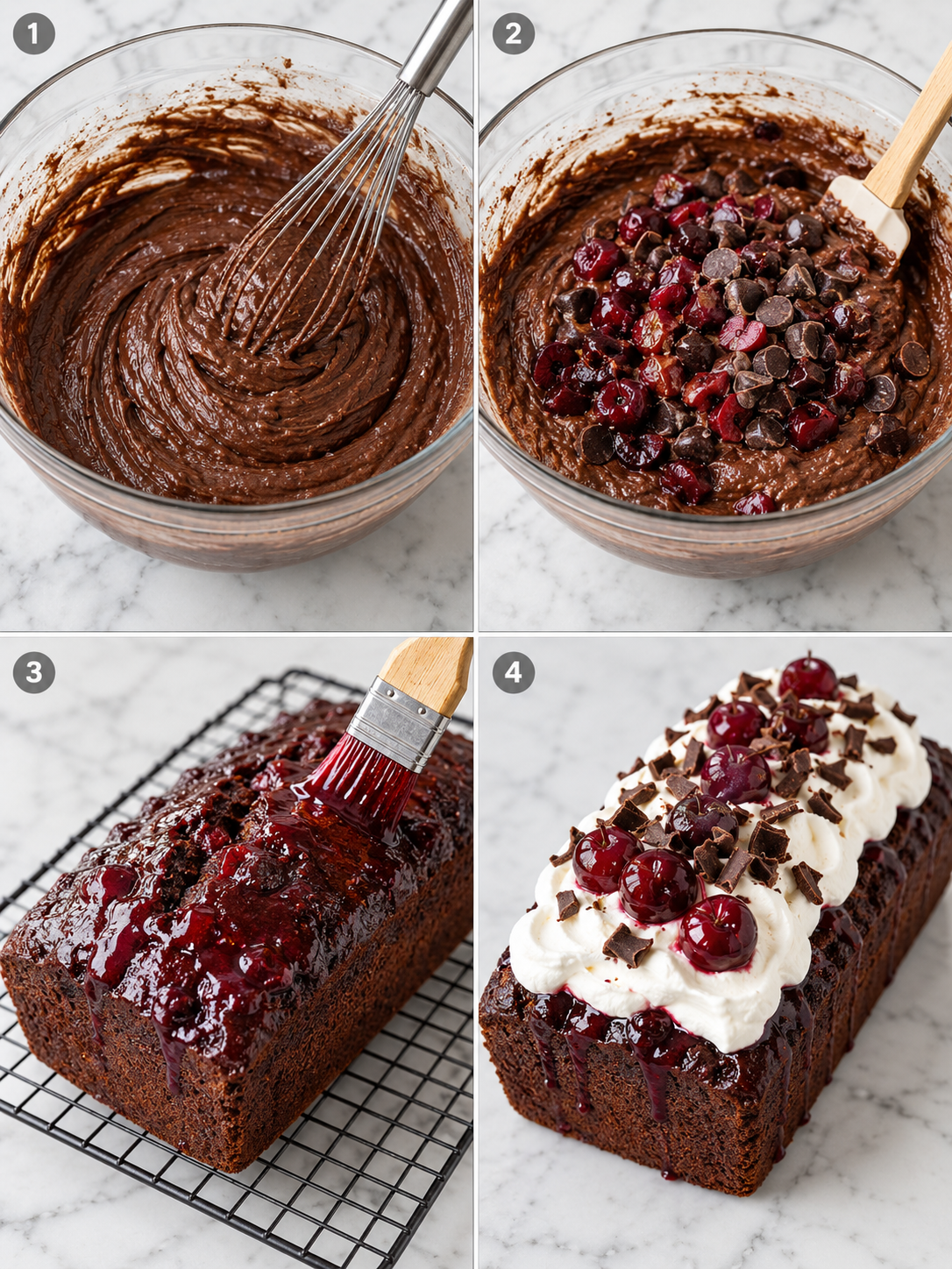 Steps for making Black Forest loaf cake with batter, cherries, syrup, and cream