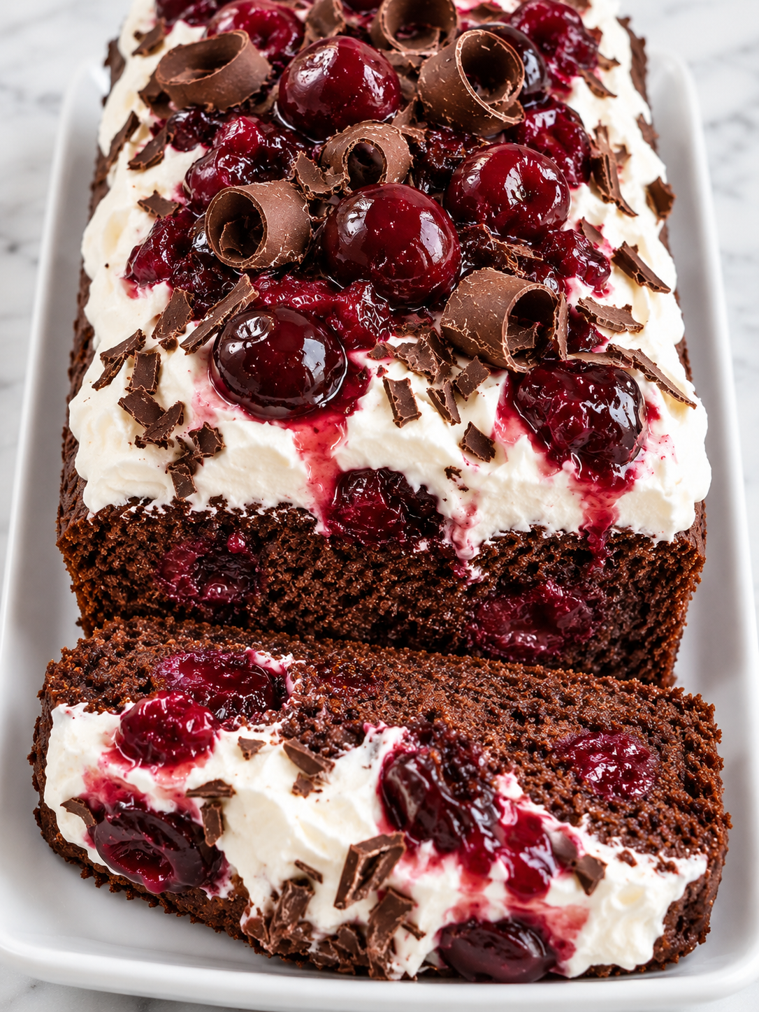 Black Forest loaf cake slice with whipped cream, cherries, and chocolate curls
