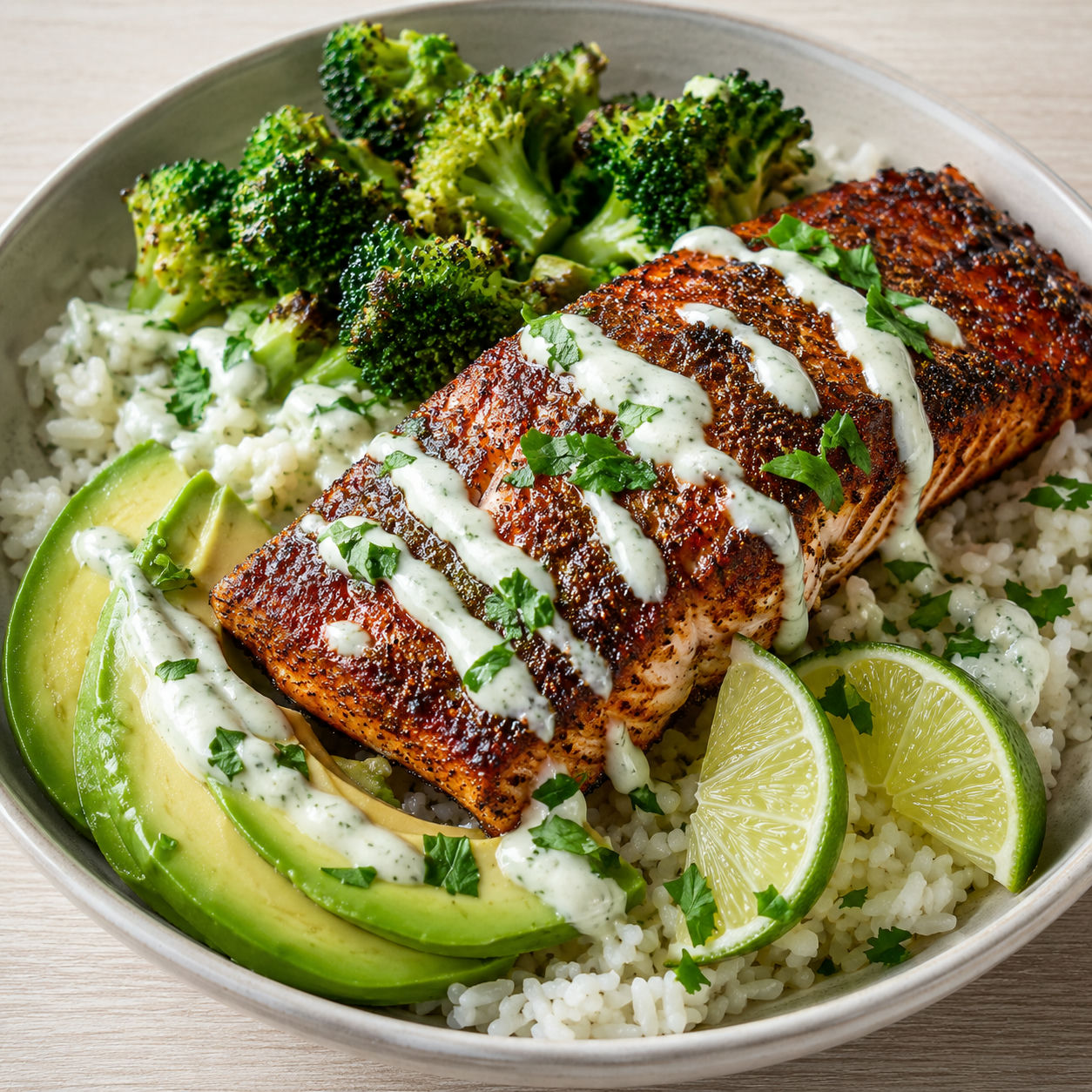 Blackened salmon rice bowl with broccoli, avocado, lime, and yogurt sauce