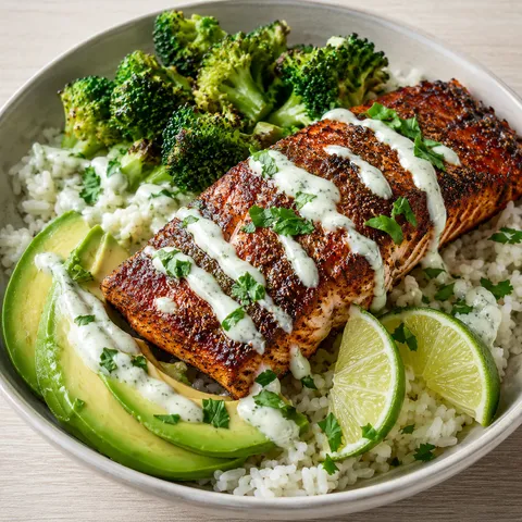 Blackened salmon rice bowl with broccoli, avocado, lime, and yogurt sauce