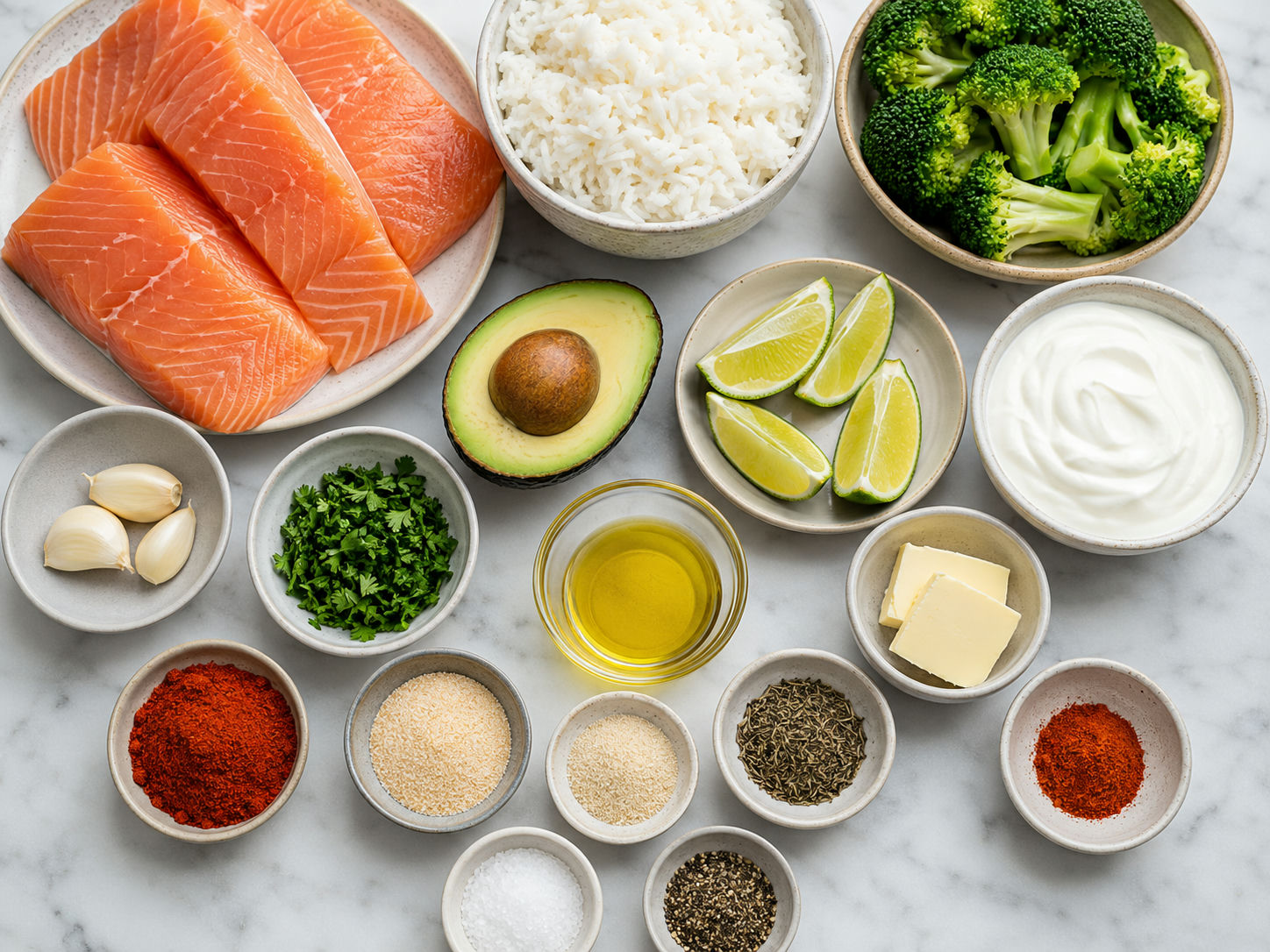 Ingredients for blackened salmon rice bowls with broccoli, avocado, and lime
