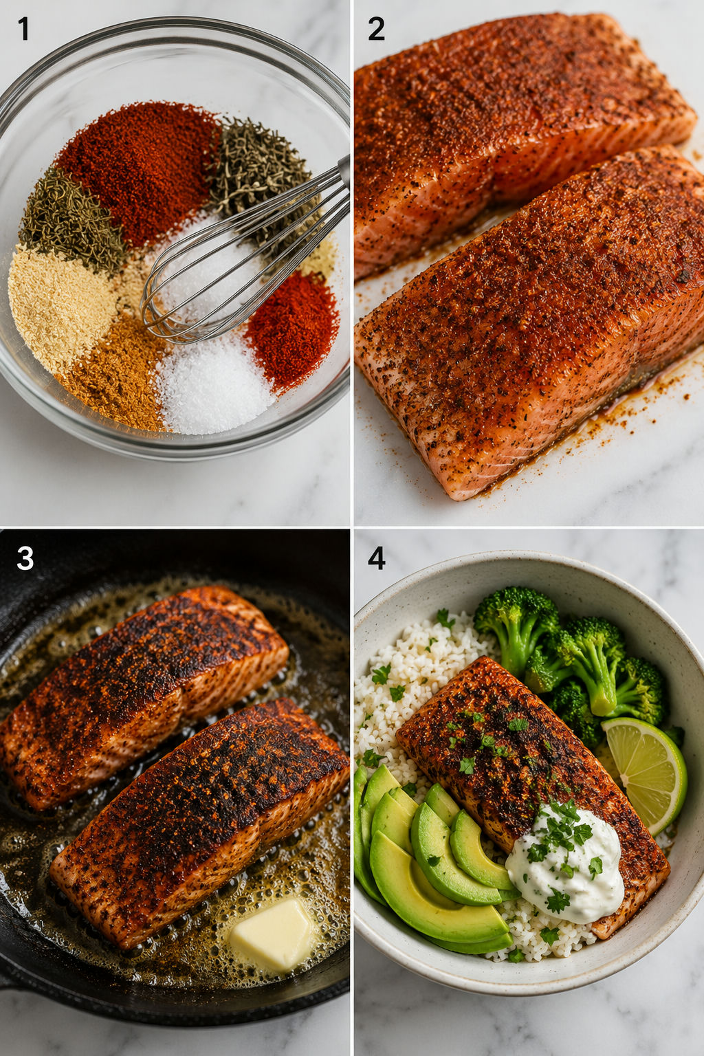 Four cooking steps for blackened salmon rice bowls from seasoning to assembly