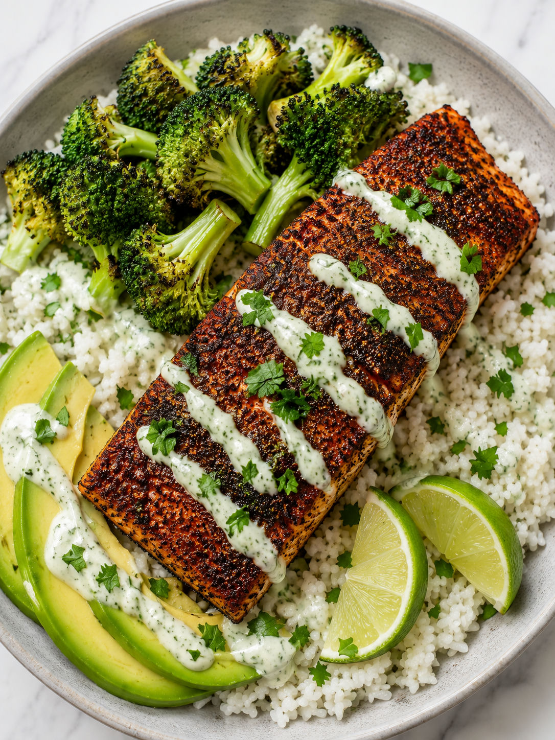 Top-down blackened salmon rice bowl with avocado, broccoli, lime, and sauce
