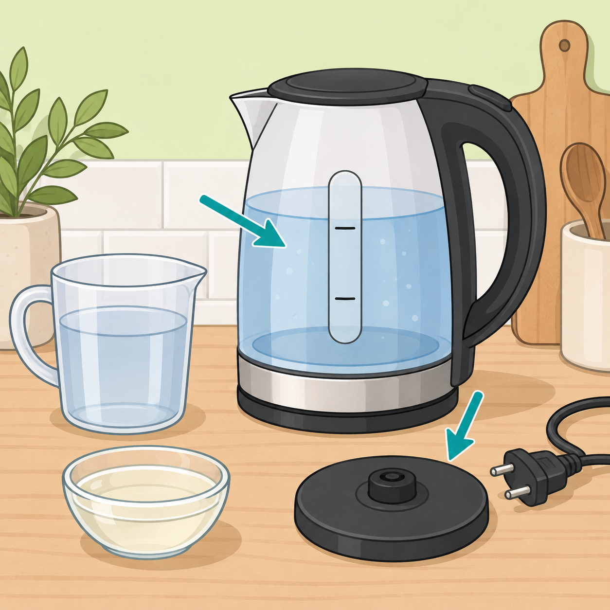 Illustration of safe electric kettle use with measured water, dry cord, and descaling supplies.