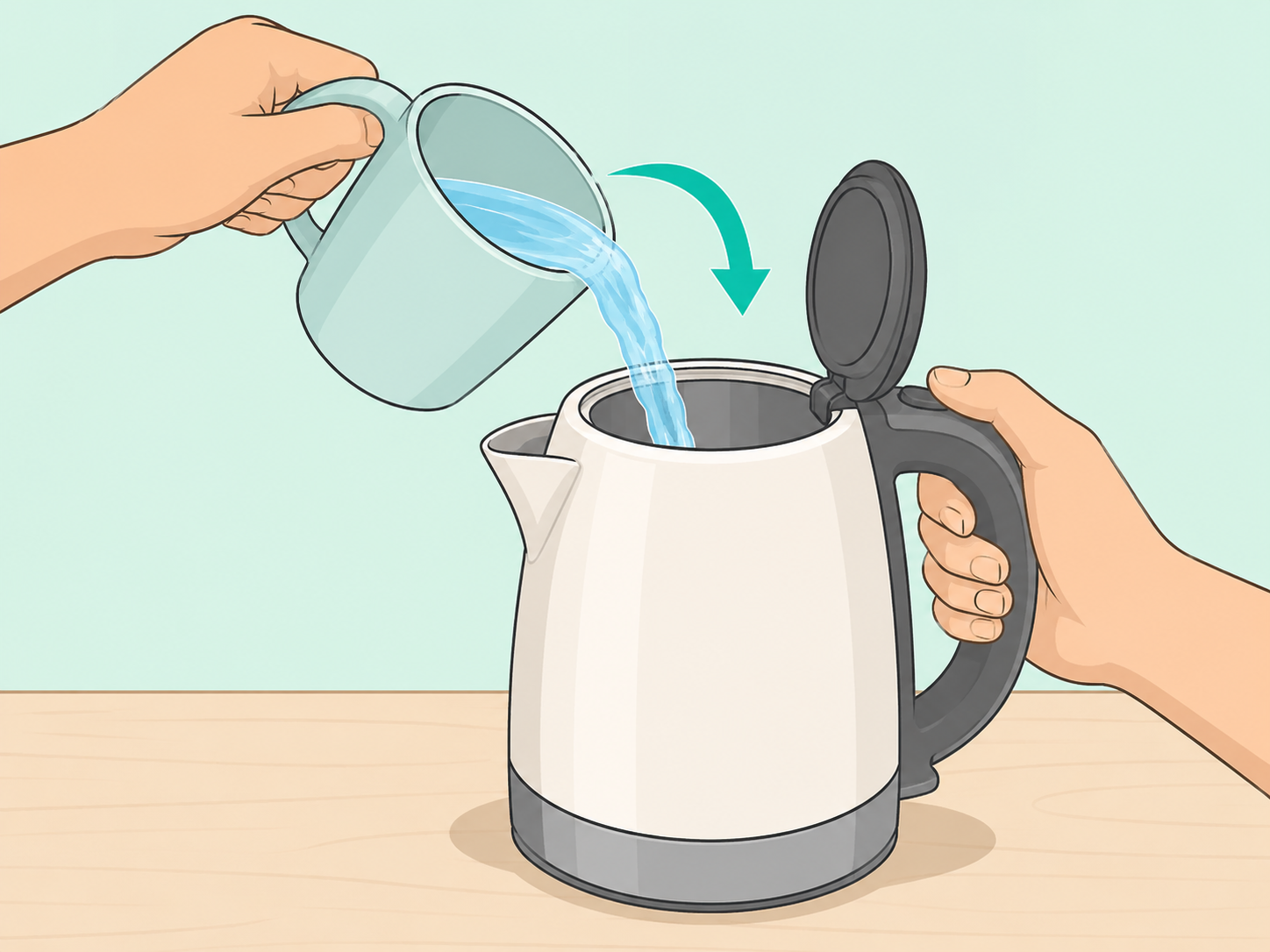 Measuring water with a mug before filling an electric kettle.