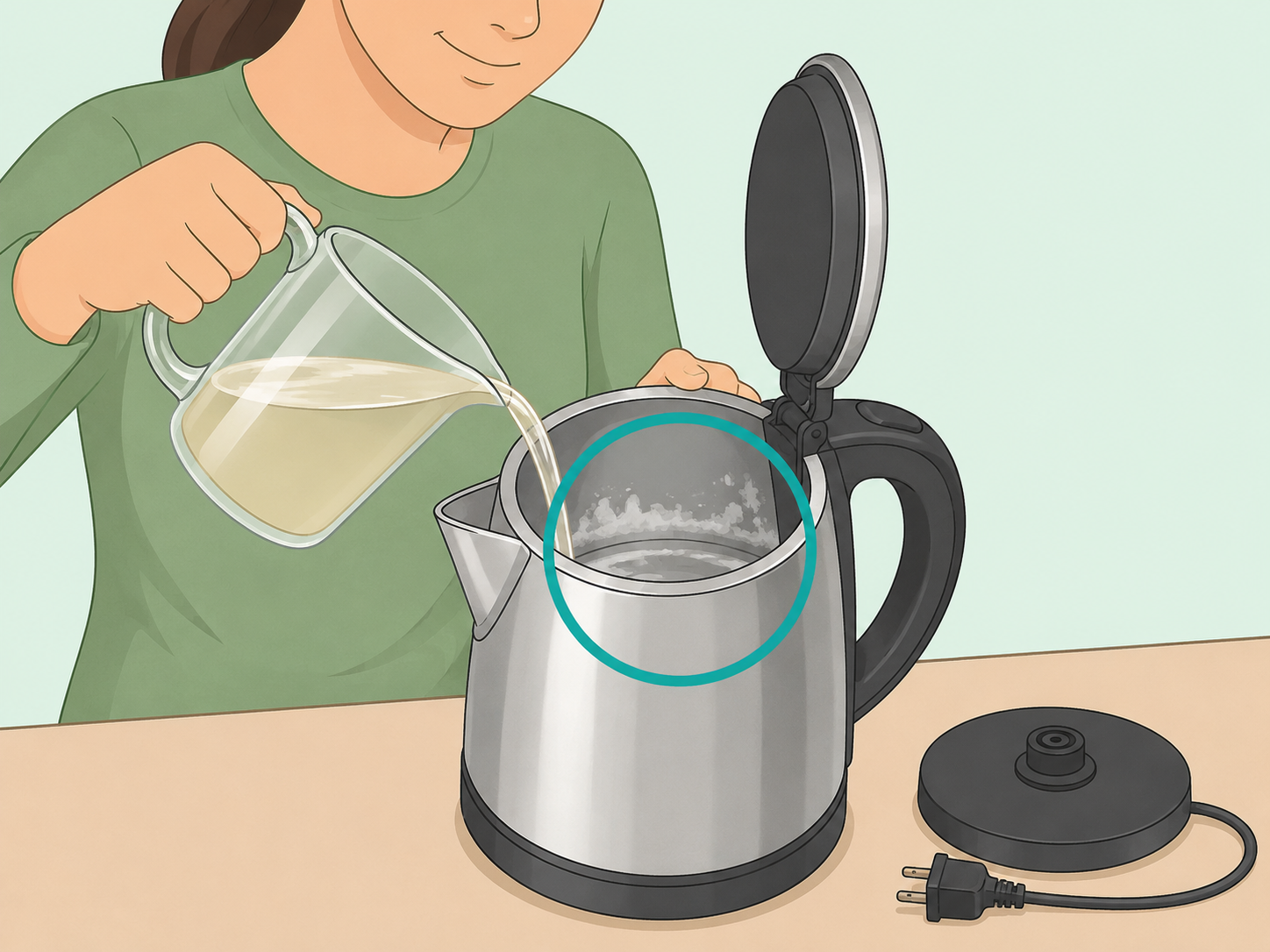 Descaling white mineral deposits inside an electric kettle with vinegar.