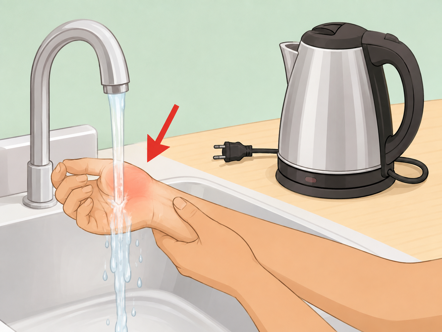 Cooling a scalded hand under water after an electric kettle burn.