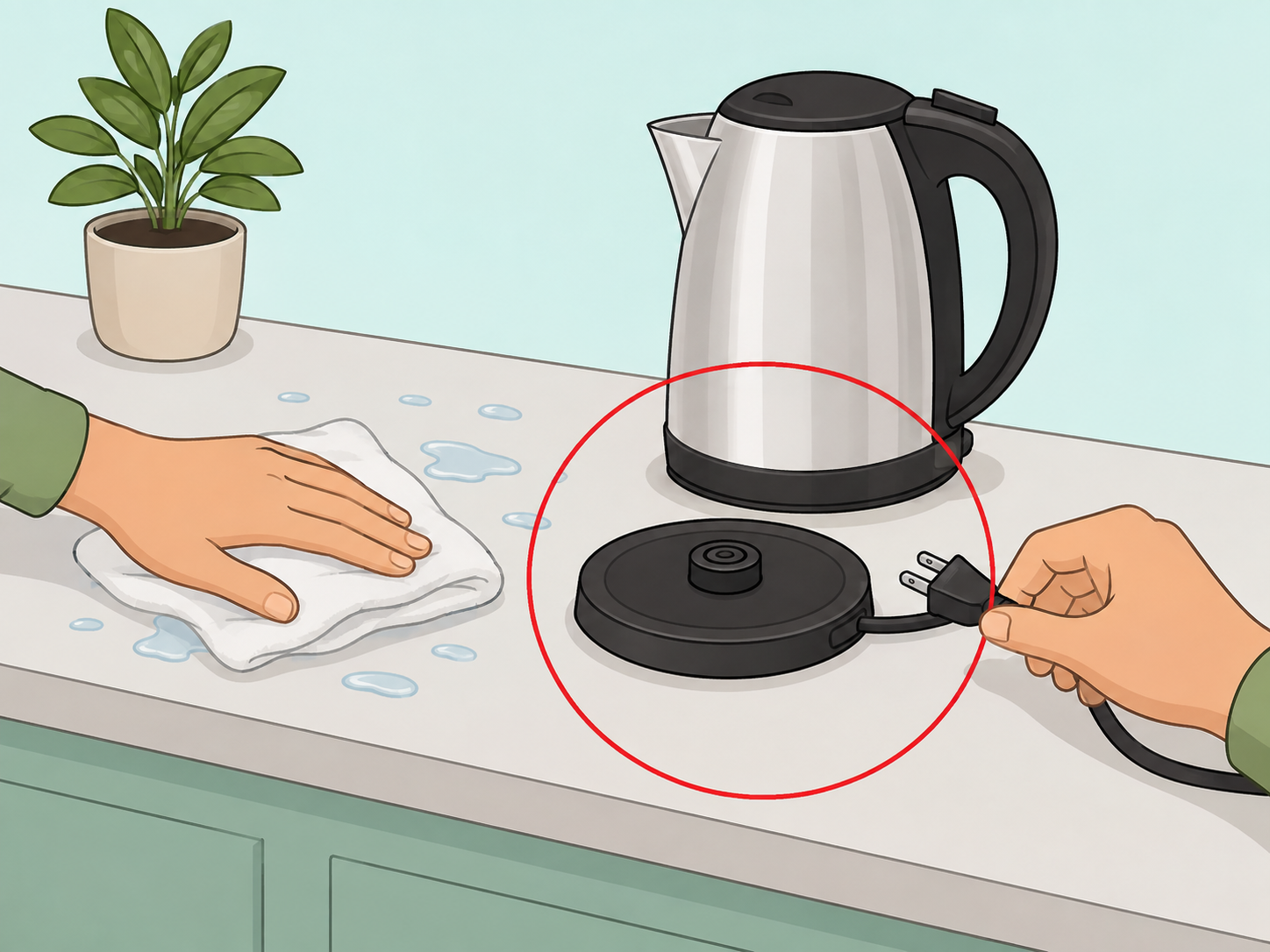 Keeping an electric kettle base and plug dry before use.