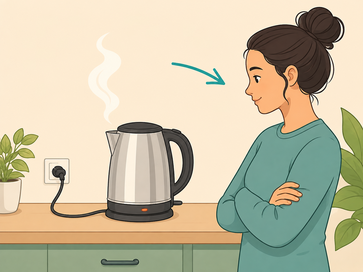 Staying nearby while an electric kettle heats water.
