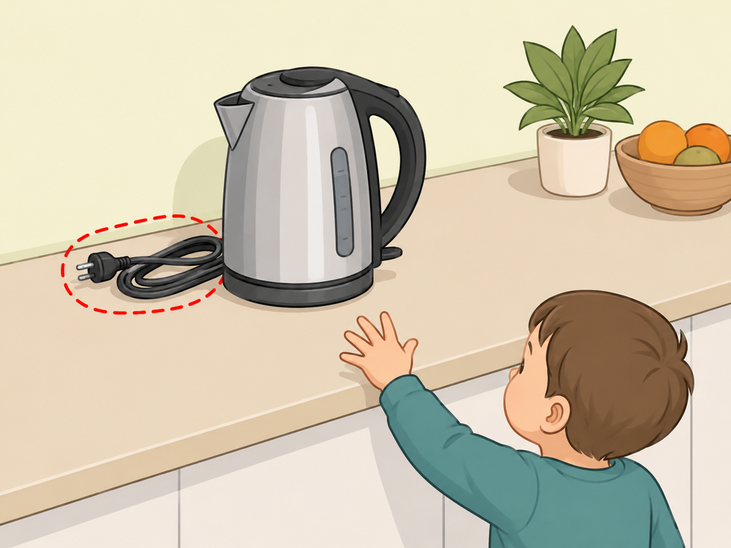 Keeping an electric kettle cord and spout away from children.