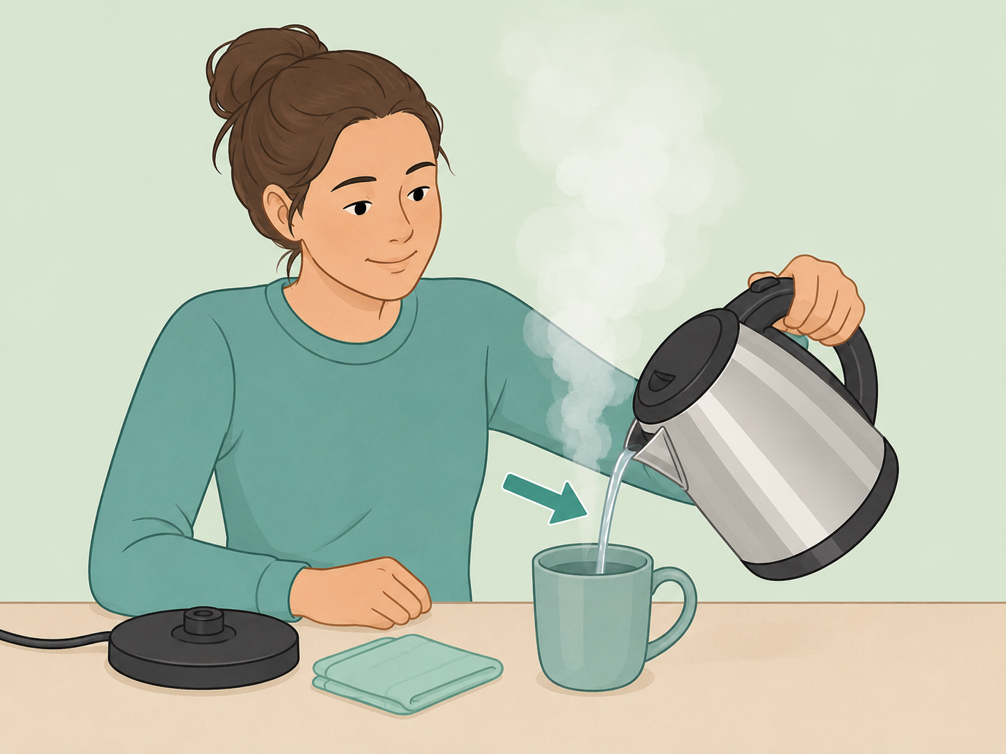 Pouring hot water slowly from an electric kettle after it stops boiling.
