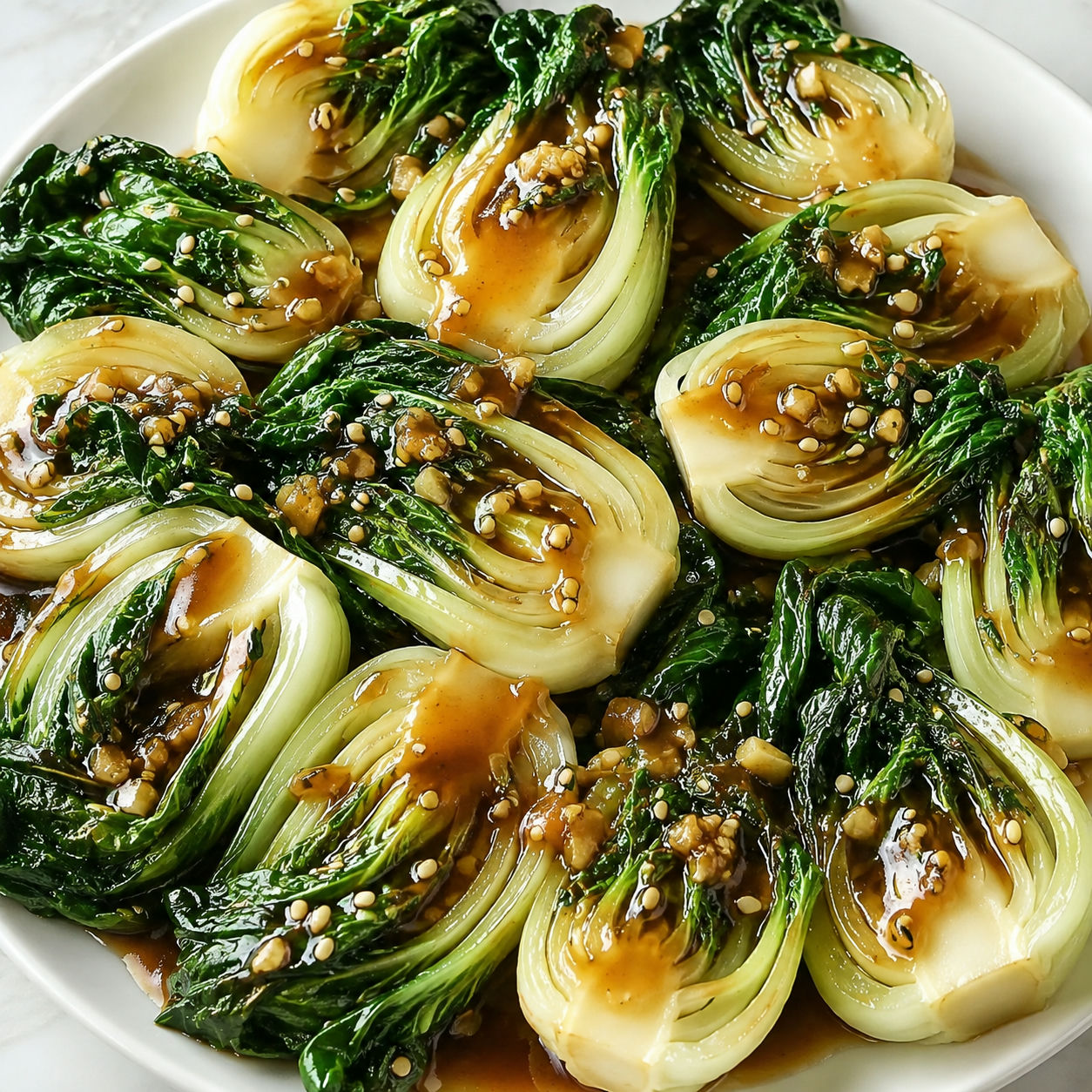 Bok choy in garlic oyster sauce with sesame seeds on a white platter